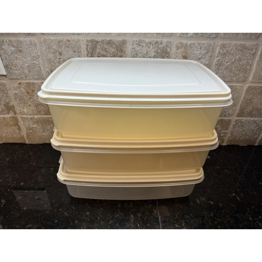 VTG 3pc Rubbermaid Servin Saver Rectangle 17 Cup Storage Container #7 Almond Lid